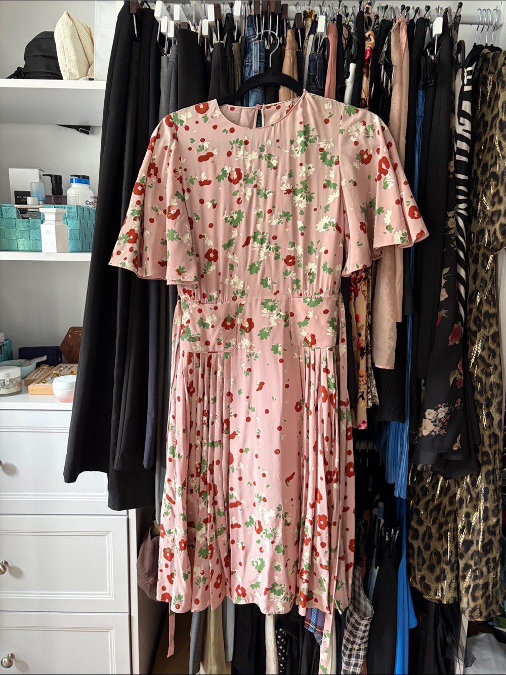 Valentino Blush Pink Floral Midi Dress with Red & Green Accents